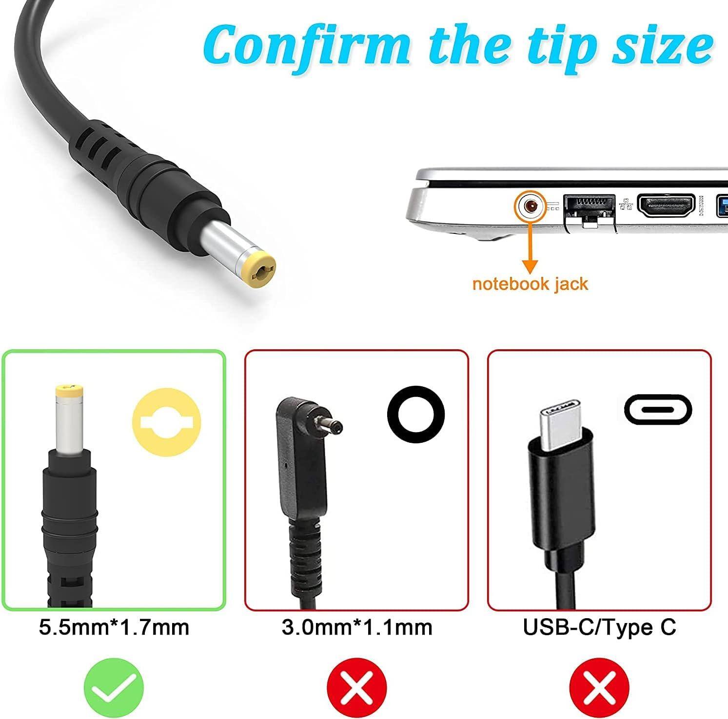 Confirm the tip size

notebook jack

5.5mm*1.7mm ✔️

3.0mm*1.1mm ❌

USB-C/Type C ❌