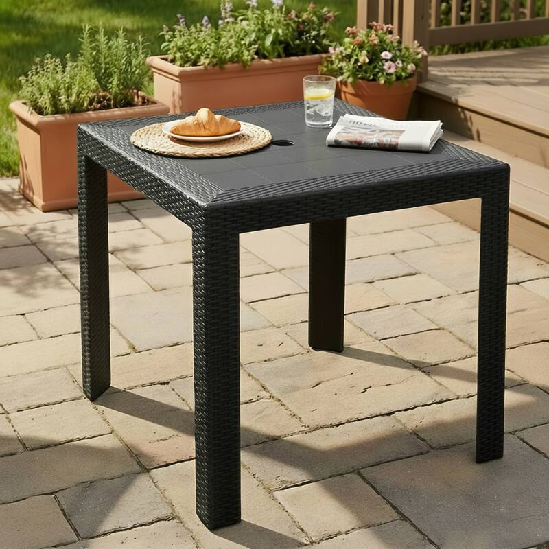 Angle. LeisureMod - Mace Weave Design 31Inch Outdoor Dining Table, Weather-Resistant Patio Accent Table, Modern Backyard Furniture - Black.