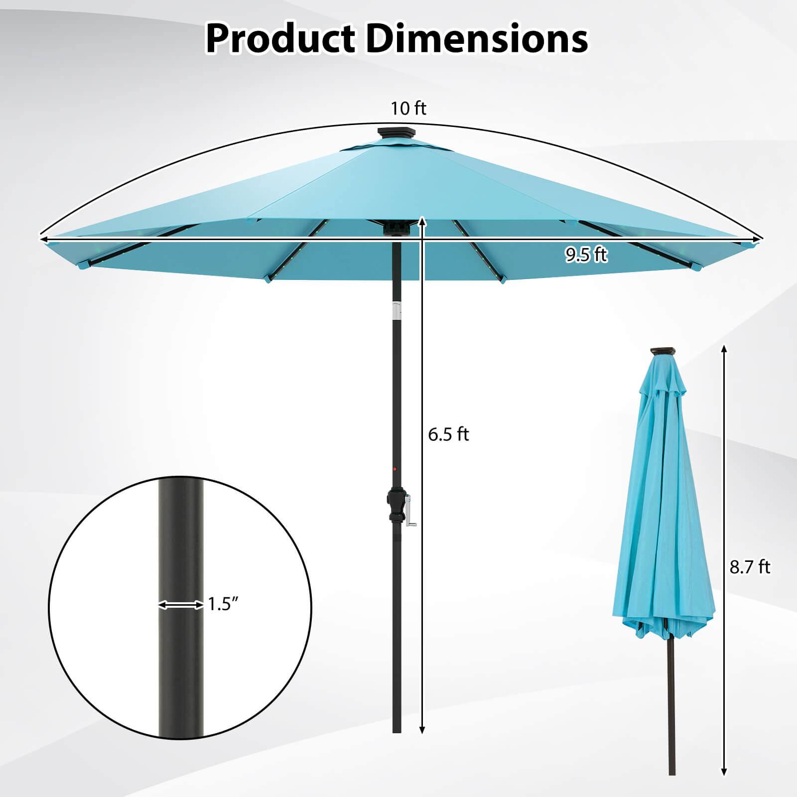 Product Dimensions

- Diameter: 10 ft
- Height: 9.5 ft
- Pole Diameter: 1.5"
- Closed Height: 6.5 ft
- Folded Height: 8.7 ft