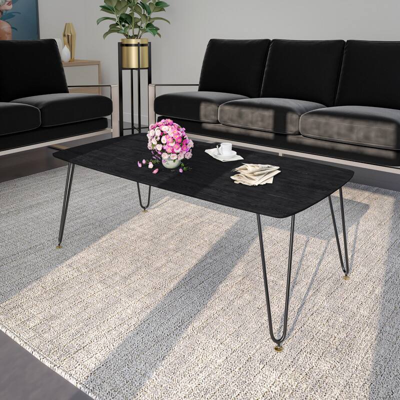 Angle. LeisureMod - Elmwood Minimalist Mid-Century Rectangular MDF Coffee Table with Black Iron Frame for Home Living Room - Black.