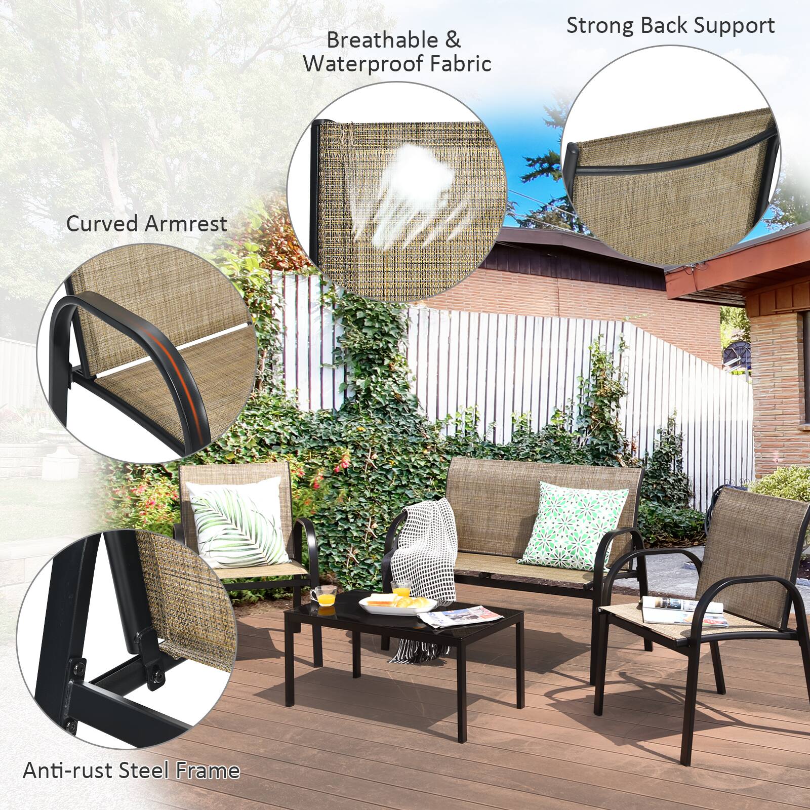Breathable & Waterproof Fabric  
Strong Back Support  
Curved Armrest  
Anti-rust Steel Frame