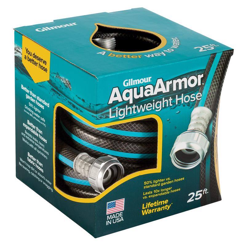 Gilmour AquaArmor Lightweight Hose

You deserve a better hose

- Better than standard garden hoses
  - 50% higher drinking water safe
  - Resists leaks and extreme temperatures
  - Works with all sprinklers

- Better than expandable hoses
  - No kinking, catching, or snagging

- 50% lighter vs. standard garden hoses
- Lasts 10x longer vs. expandable hoses

Lifetime Warranty

MADE IN USA

25 ft.