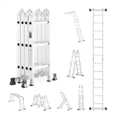 Front. VEVOR - Multi-Purpose Folding Ladder, 7-in-1 Tall Step Ladder, A Frame 3 Step Adjustable Telescoping Ladder, 12ft Reach Height - Silver.