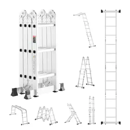 Front. VEVOR - Multi-Purpose Folding Ladder, 7-in-1 Tall Step Ladder, A Frame 3 Step Adjustable Telescoping Ladder, 12ft Reach Height - Silver.