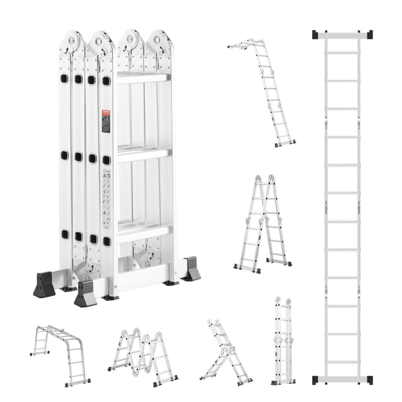 Front. VEVOR - Multi-Purpose Folding Ladder, 7-in-1 Tall Step Ladder, A Frame 3 Step Adjustable Telescoping Ladder, 12ft Reach Height - Silver.