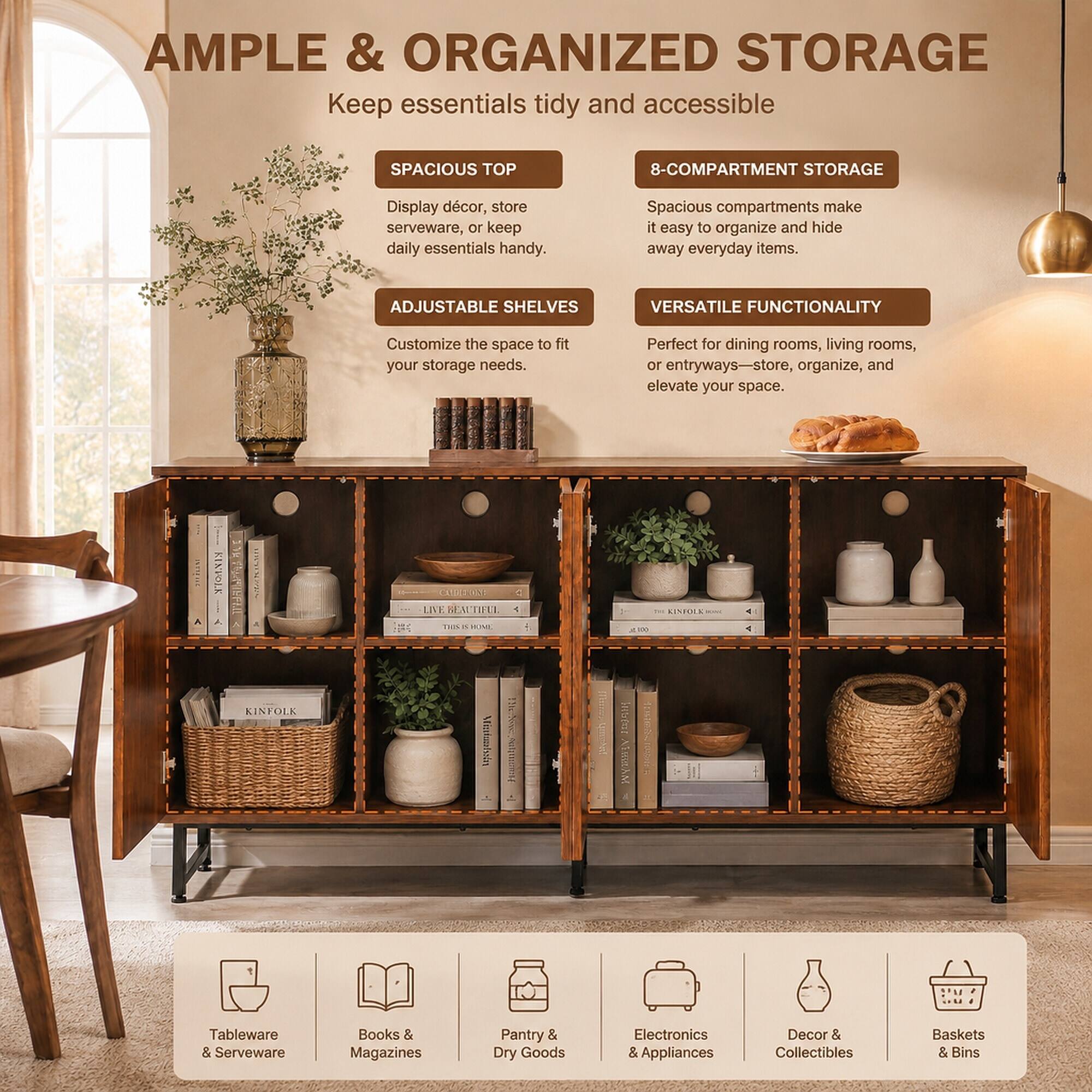 AMPLE & ORGANIZED STORAGE  
Keep essentials tidy and accessible

SPACIOUS TOP  
8-COMPARTMENT STORAGE  
Display décor, store serveware, or keep daily essentials handy.  
Spacious compartments make it easy to organize and hide away everyday items.

ADJUSTABLE SHELVES  
VERSATILE FUNCTIONALITY  
Customize the space to fit your storage needs.  
Perfect for dining rooms, living rooms, or entryways—store, organize, and elevate your space.

KINFOLK  
LIVE BEAUTIFUL

Tableware & Serveware  
Books & Magazines  
Pantry & Dry Goods  
Electronics & Appliances  
Decor & Collectibles  
Baskets & Bins