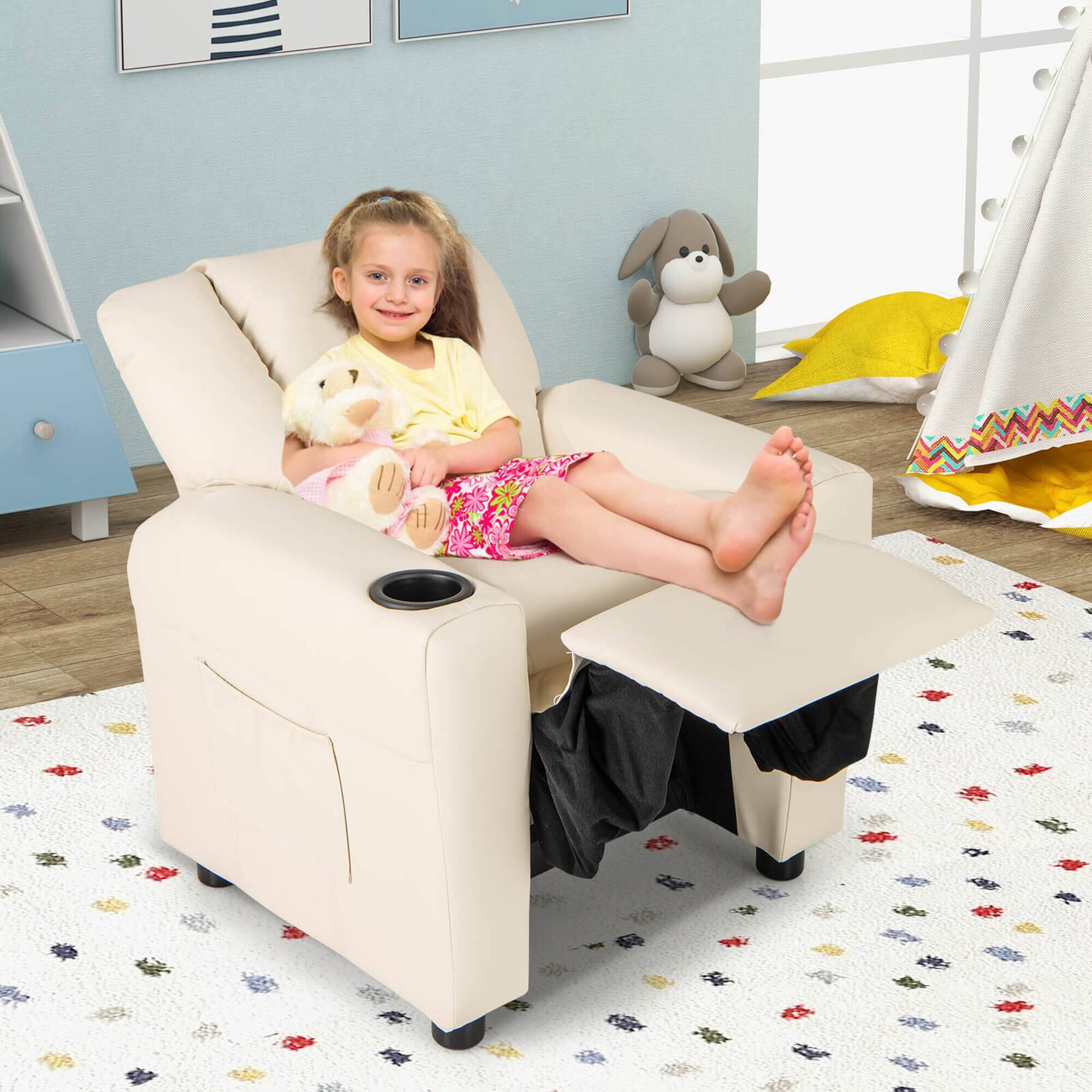 Alt View 1. Costway - Costway Kids Recliner Chair with Cup Holder & Side Pocket Adjustable Backrest Footrest - Beige.