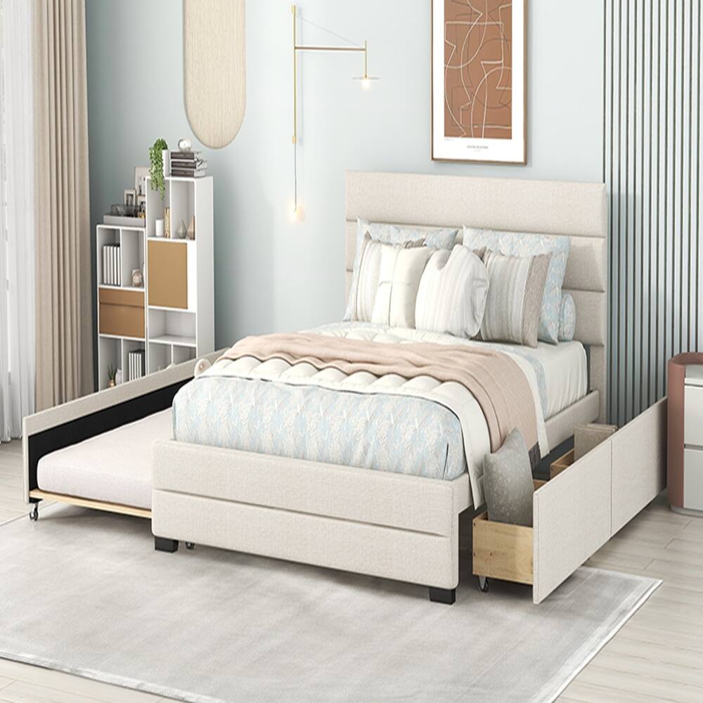 Alt View 4. Loheer - Loheer Queen Upholstered Platform Bed with Twin Trundle and 2 Storage Drawers, Beige Linen Bed Frame - Beige.