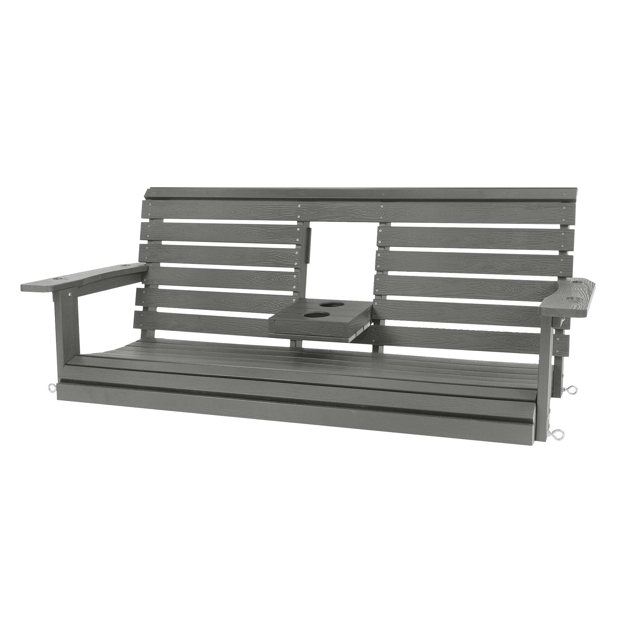 Alt View 4. Fortune Candy - HIPS Poly Lumber 3-Seat Porch Swing, 5ft Bench Swing with Foldable Cup Holders for Porch Yard Garden - Deep Gray.