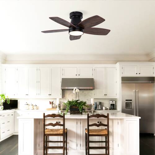 Alt View 4. LUCKY ONE - 32" Low Profile Ceiling Fan with Light Remote Flush Mount 6-Speed - Black + Dark Walnut.