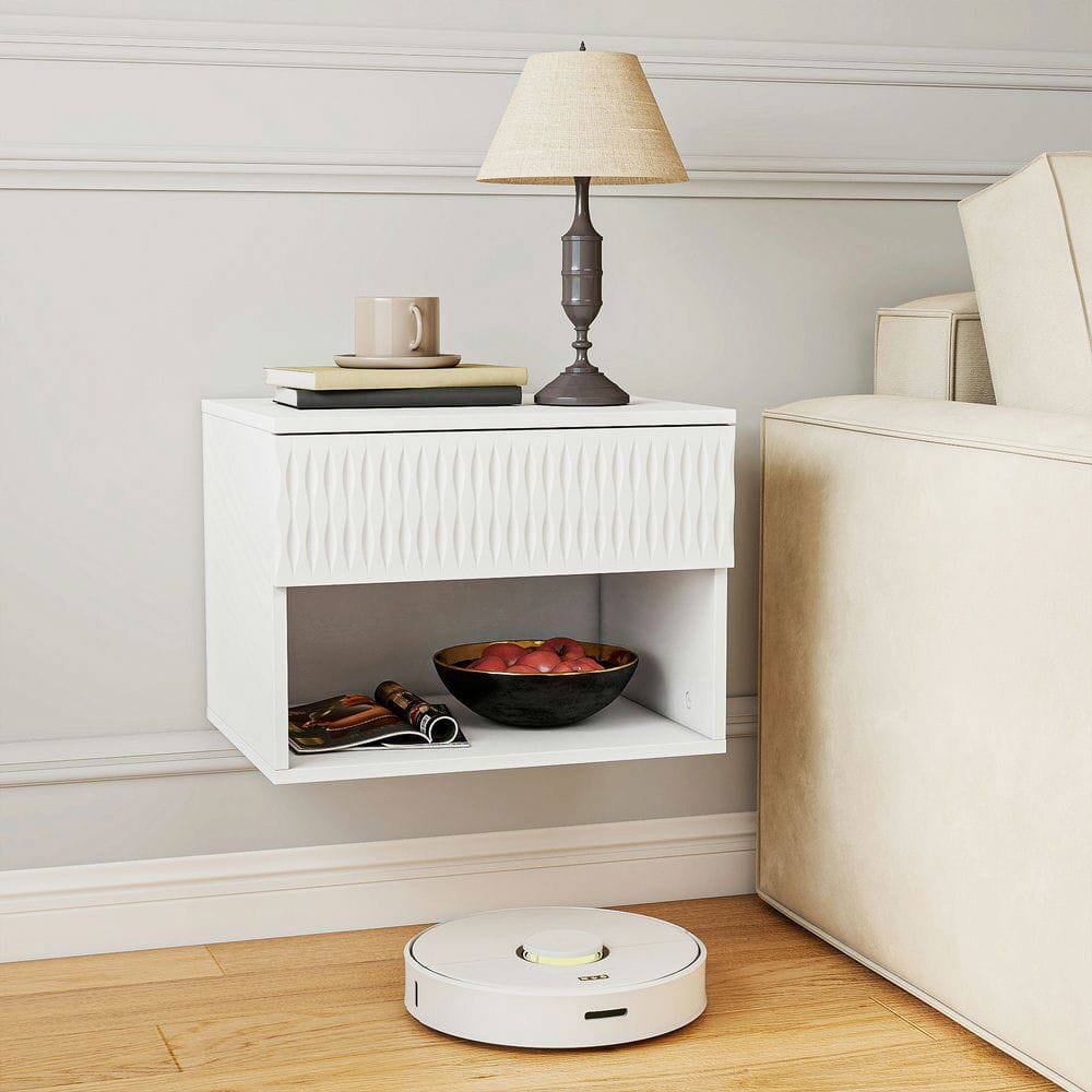 Alt View 9. Kadyn - Twist-Textured Double-Mounted Wall-Mounted Floating Nightstand with Drawer for Bedroom - White - White.
