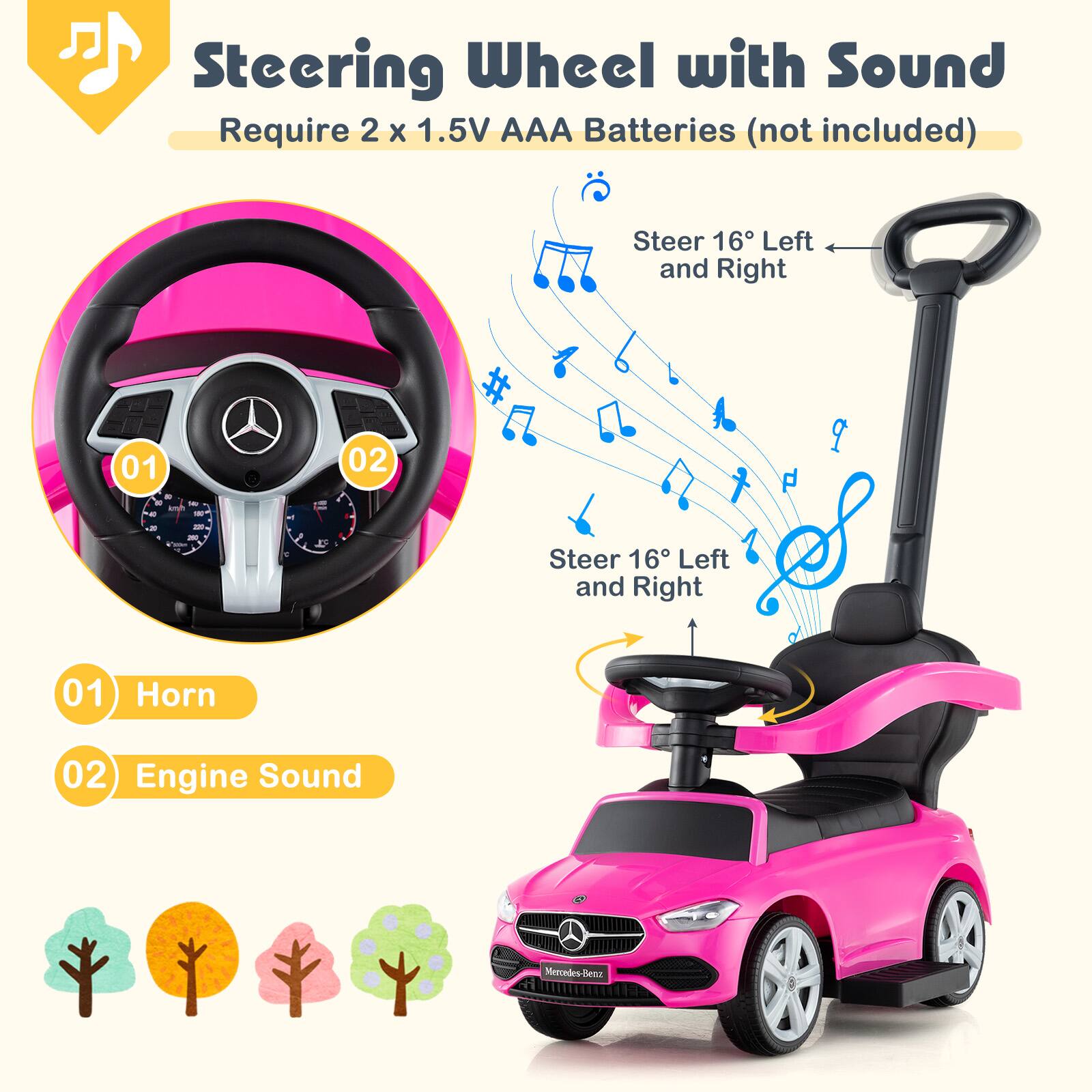 Steering Wheel with Sound  
Require 2 x 1.5V AAA Batteries (not included)  

Steer 16° Left and Right  

01 Horn  
02 Engine Sound  

Mercedes-Benz