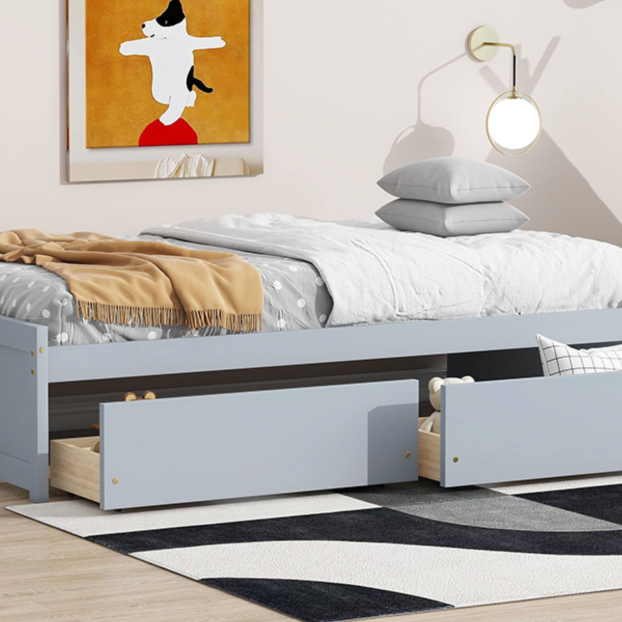 Angle. GOODSILO - Twin Size Platform Bed with Two Underbed Storage Drawers for Space-Saving Bedroom Organization - Grey.