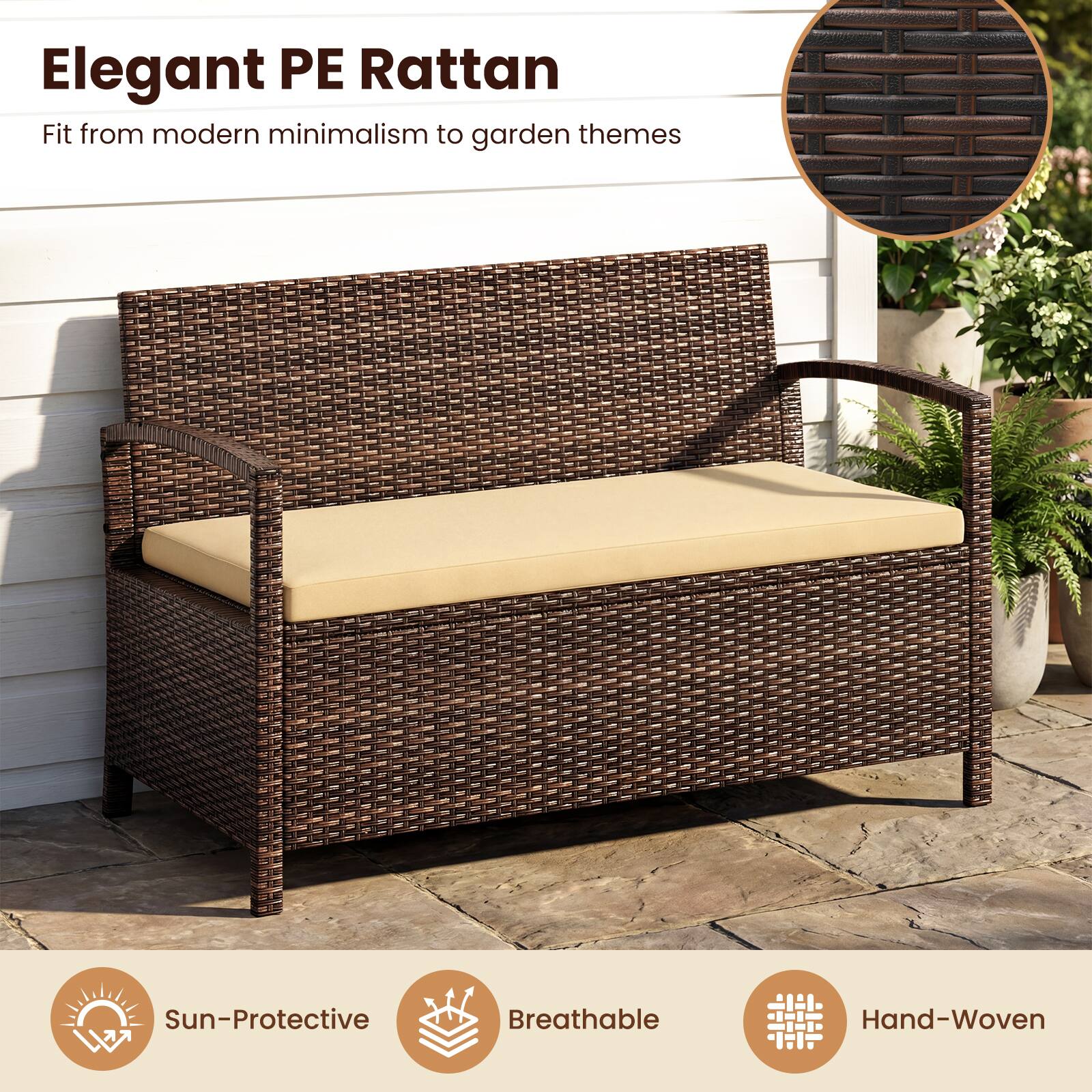 Elegant PE Rattan  
Fit from modern minimalism to garden themes  

Sun-Protective  
Breathable  
Hand-Woven