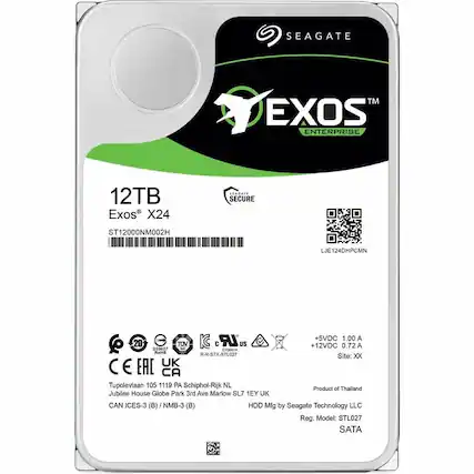 SEAGATE TM EXOS ENTERPRISE 12TB Exos X24 EADATE SECURE ST12000NM002H LJE 24DHPCMN LR +5VDC 1.00 A 20 033027 TUV IC C US 12VDC 0.72 A E1014 Rans R-R-STX-STL027 Site: xX E EAC UK CA Tupolevlaan 105 1119 PA Schiphol-Rijk NL Product of Thailand Jubilee House Globe Park 3rd Ave Marlow SL7 1EY UK CAN ICES-3 (B) i NMB-3 (B) HDD Mfg by Seagate Technology LLC Reg. Model: STL027 SATA