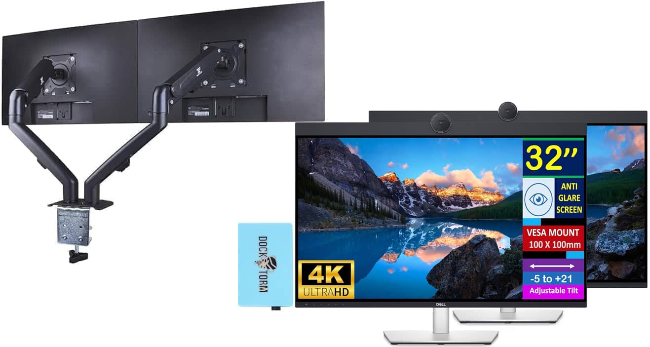 Dell - UltraSharp 32" 4K UHD IPS Monitor, HDMI, Swivel, (U3223QZ) 2 Pack w/DKZ Hub & Ergoflexy Dual Mount Arm - Black/Silver
