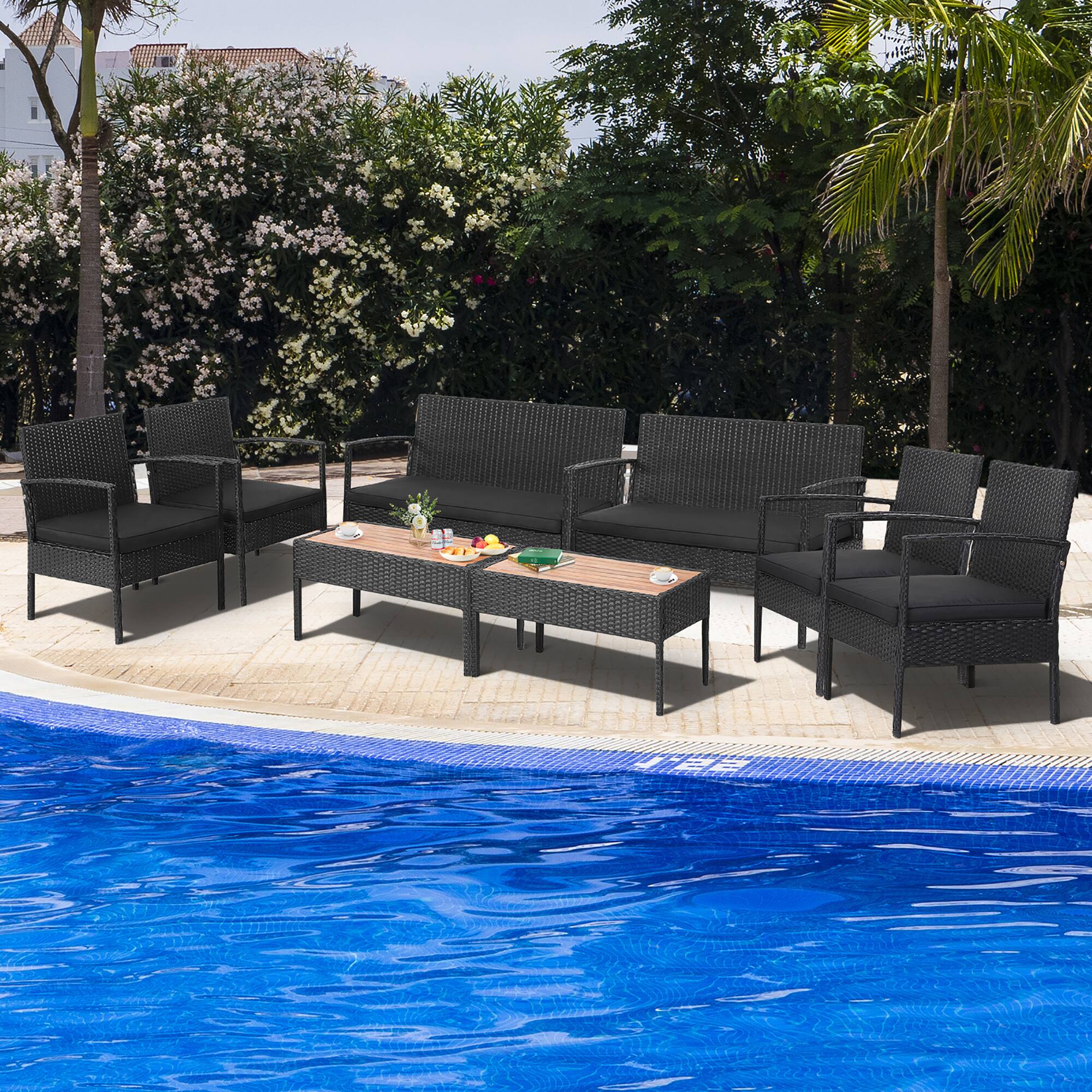 Alt View 1. Costway - Costway 8PCS Patio Rattan Furniture Set Cushioned Chair Wooden Tabletop - Black.