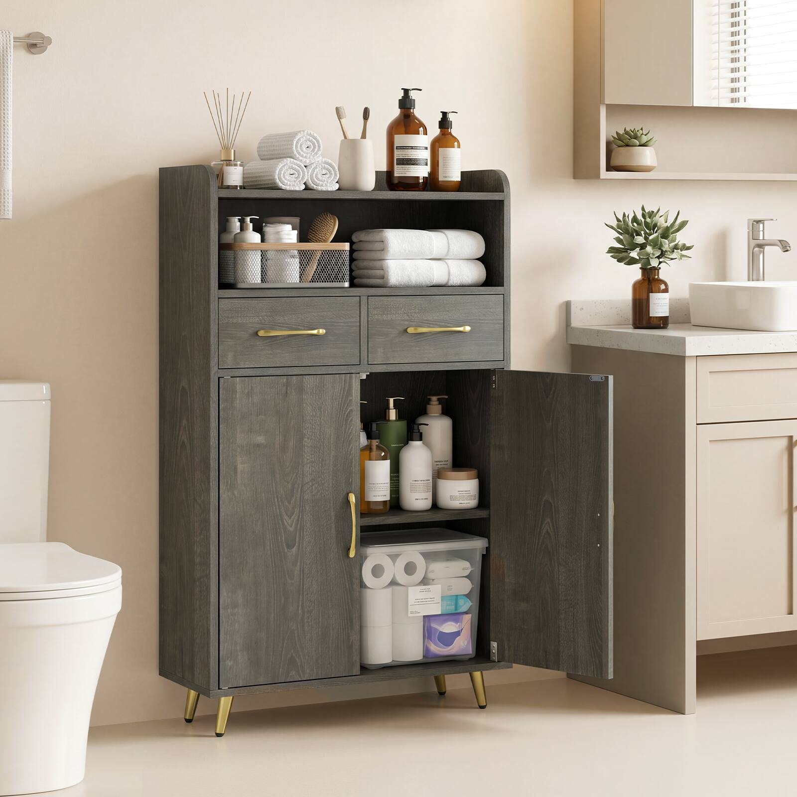 Alt View 1. Costway - Costway Bathroom Storage Cabinet with 2 Drawers and 2 Doors, Adjustable Shelf & Metal Legs - Gray Oak.