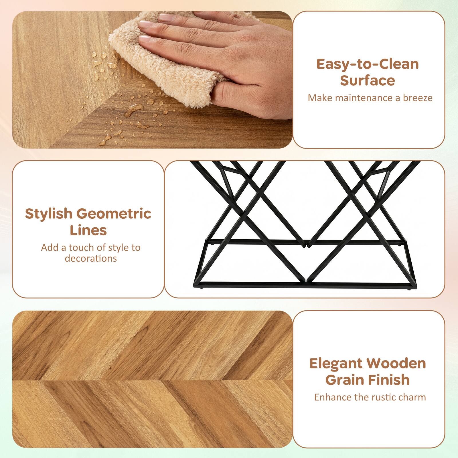 Easy-to-Clean Surface  
Make maintenance a breeze  

Stylish Geometric Lines  
Add a touch of style to decorations  

Elegant Wooden Grain Finish  
Enhance the rustic charm