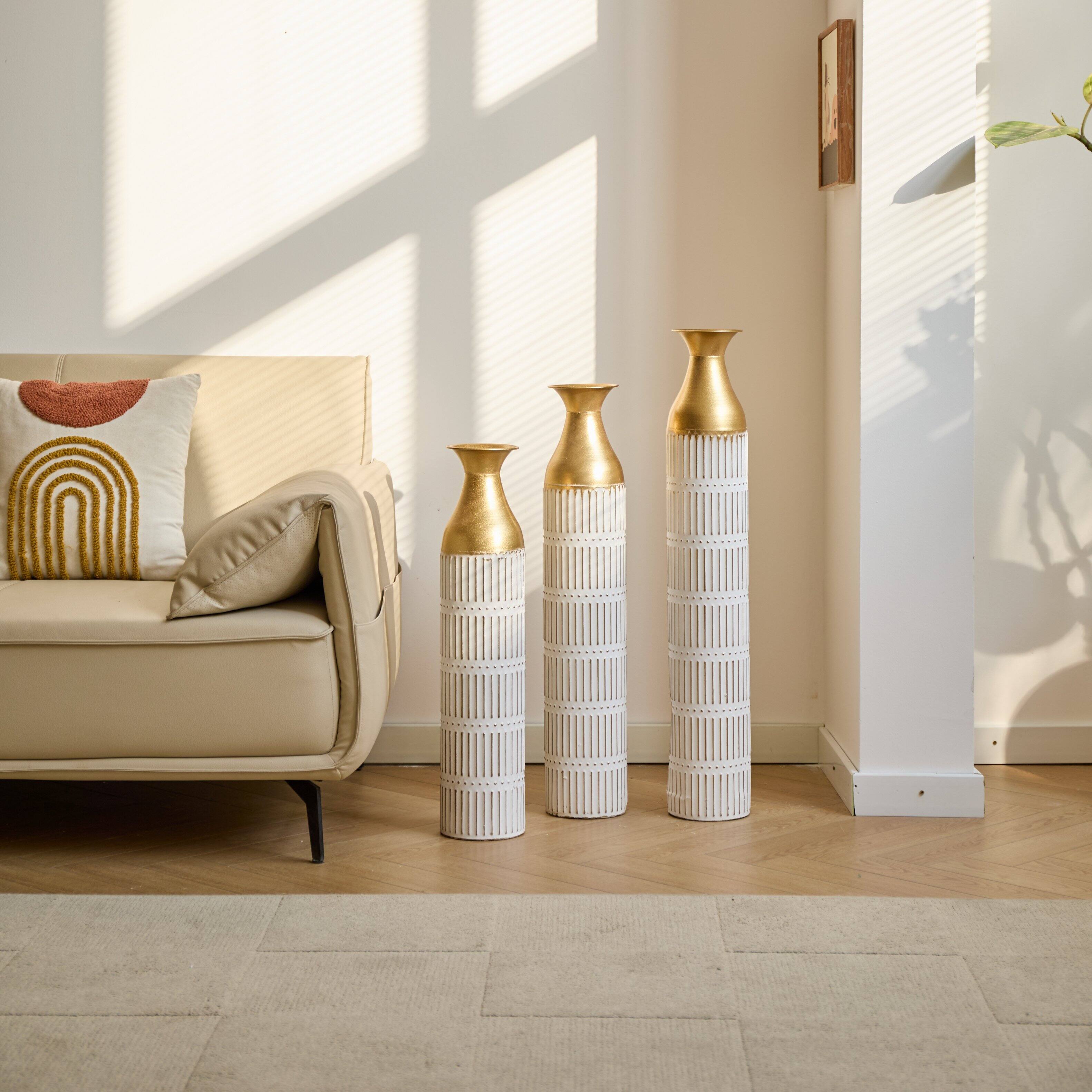 Angle. Anysun - White Metal Floor Vases Set of 3 - Glazed Finish, 24in/28.7in/33.5in Height for Home Decoration - White.