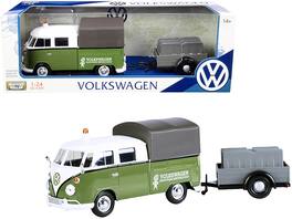 Volkswagen T1 Pickup with Canopy with Trailer "Road Service" 1/24 Diecast Model Car by Motormax - Green And White
