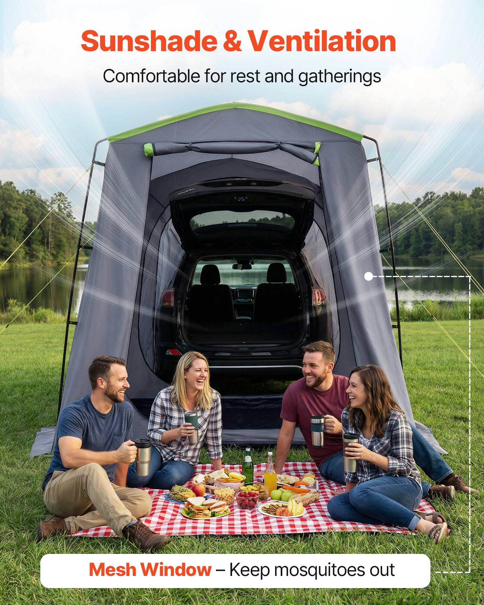 Sunshade & Ventilation  
Comfortable for rest and gatherings  

Mesh Window – Keep mosquitoes out