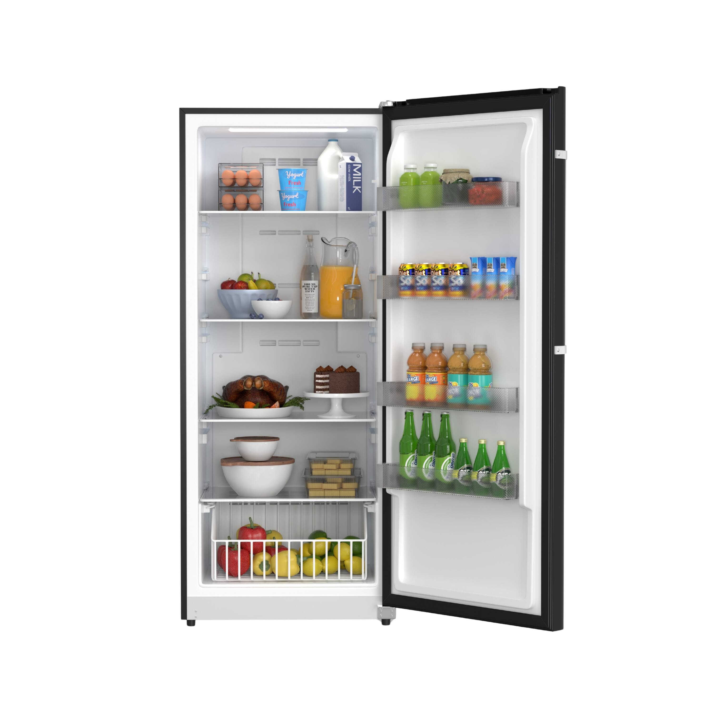 Sure, here is the corrected and grouped text from the image:

**Left Door:**
- Vegetarian Egg
- Milk

**Main Compartment:**
- Eggs
- Vegetarian Egg
- Milk
- Juice
- Fruits (apples, bananas, grapes)
- Bread
- Cake
- Vegetables (carrots, bell peppers)
- Cheese

**Right Door:**
- Juice
- Soda
- Bottled Water
- Condiments