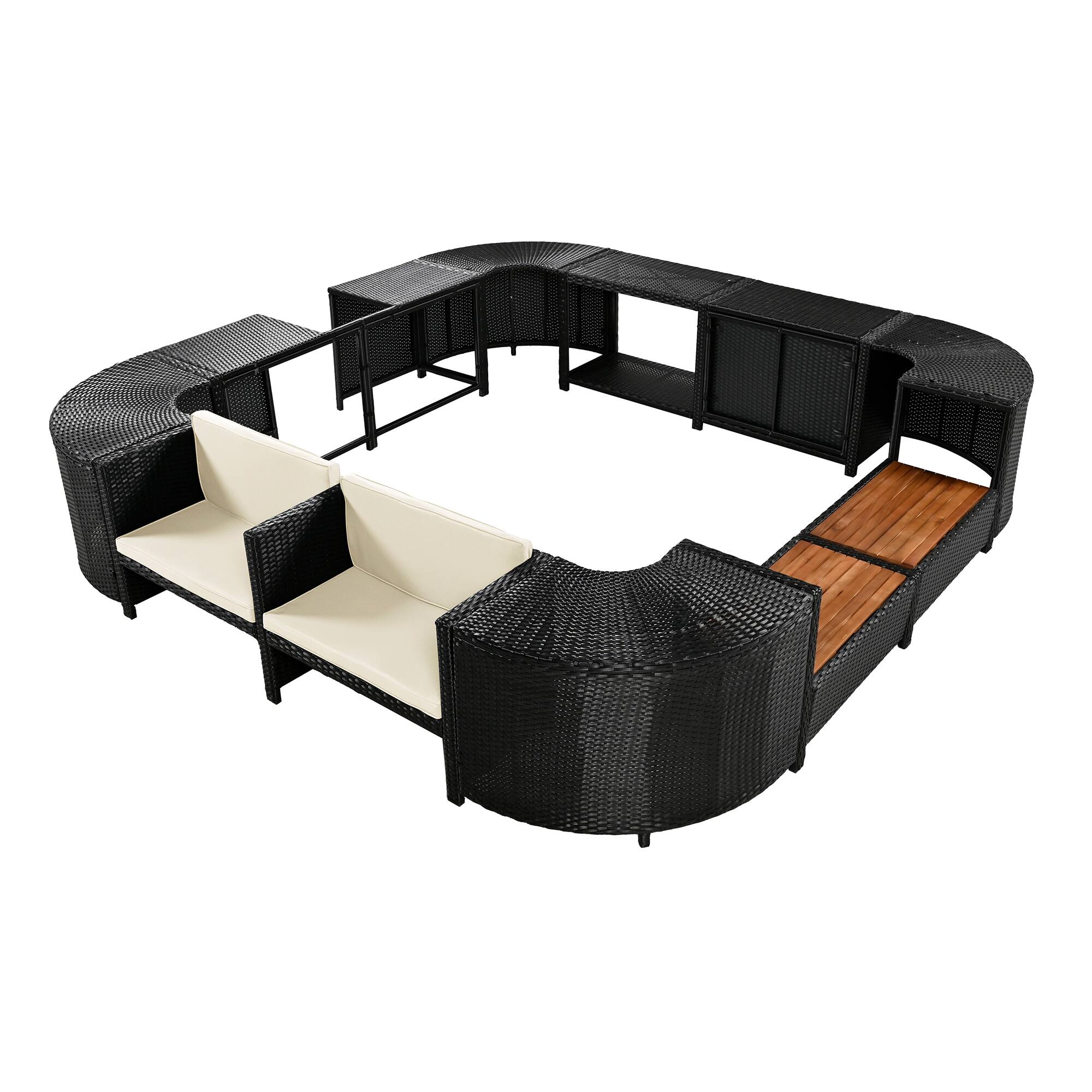 Alt View 4. Anysun - Quadrilateral Outdoor Rattan Sectional Sofa Set - Spa Frame, Wooden Seats, Mini Sofa & Storage. - Beige.