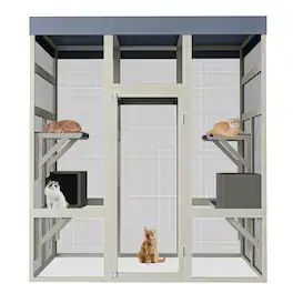 Glintex - 62.6" Outdoor Wooden Catio for Cats, Waterproof Roof, 2 Cat Houses & Platforms, Secure Rust-Proof Wire Pet Cage