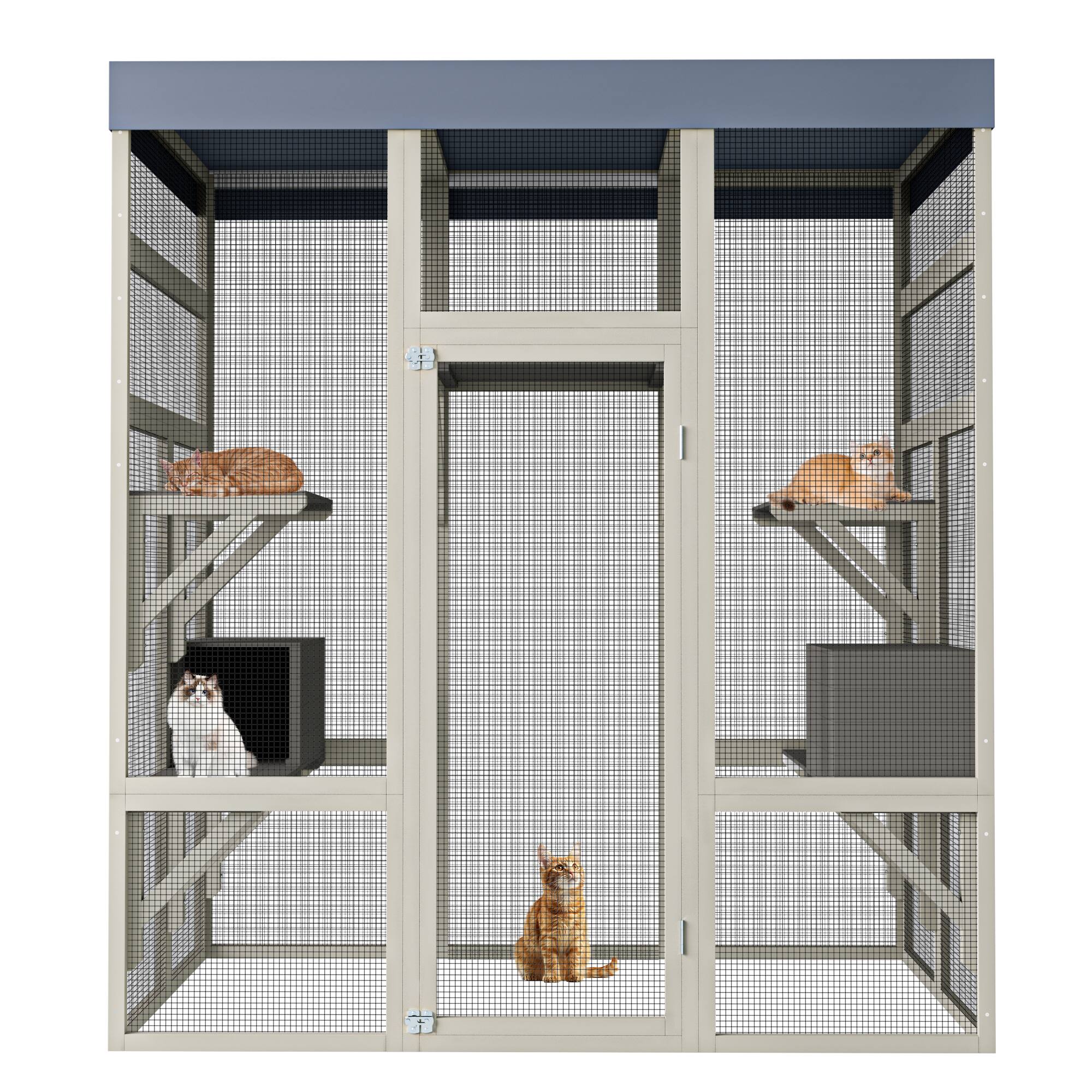 Front. Glintex - 62.6" Outdoor Wooden Catio for Cats, Waterproof Roof, 2 Cat Houses & Platforms, Secure Rust-Proof Wire Pet Cage.