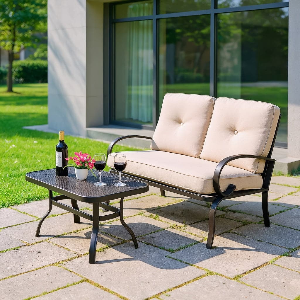 Kadyn - 2 Pieces 2-Person Cushioned Outdoor Bench with Coffee Table Garden Patio Benches Seating Furniture - Beige