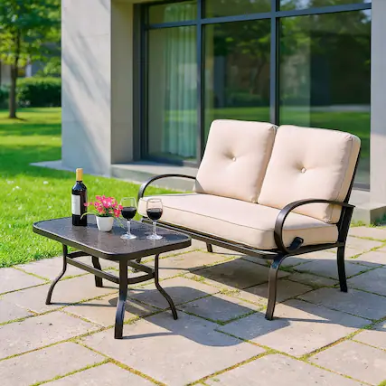 Front. Kadyn - 2 Pieces 2-Person Cushioned Outdoor Bench with Coffee Table Garden Patio Benches Seating Furniture - Beige.