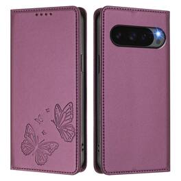 Dteck - For Google Pixel 10 Pro XL Butterfly Embossed PU Leather RFID Blocking Flip Kickstand Wallet Case with Card Slots - Darkpurple