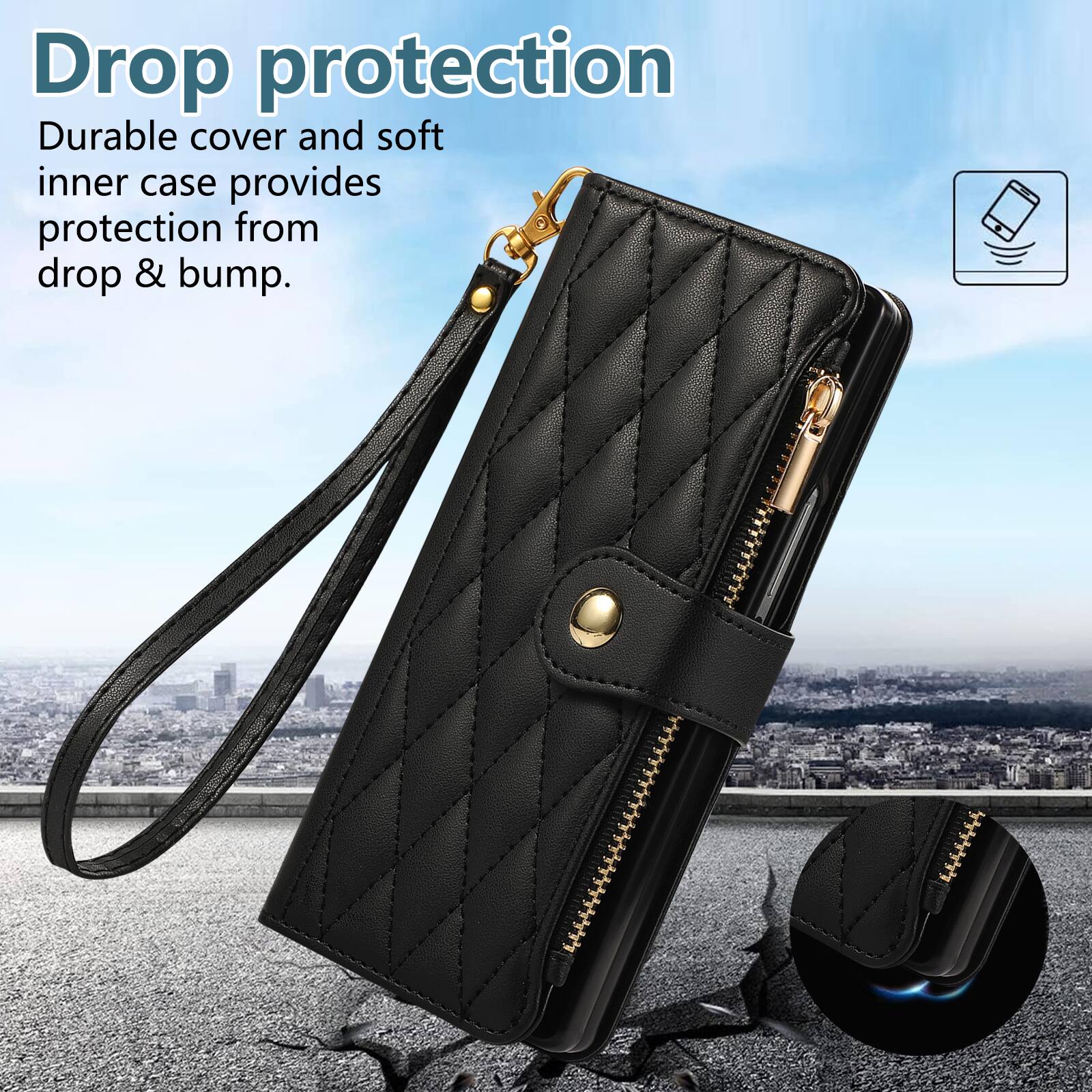 Drop protection  
Durable cover and soft inner case provides protection from drop & bump.