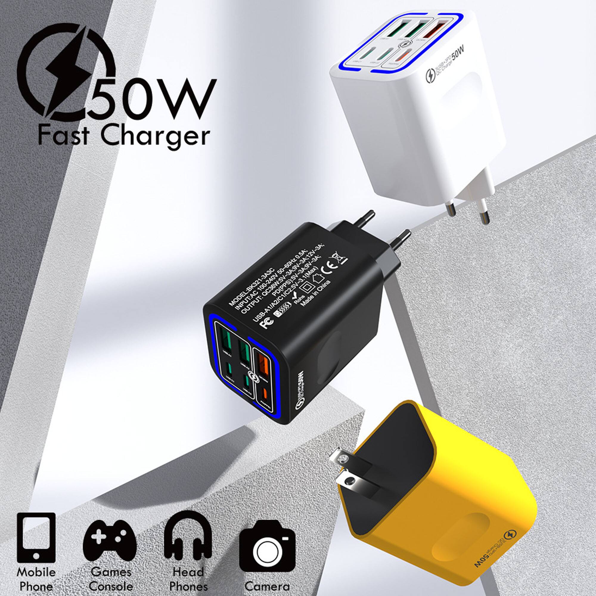 50W Fast Charger

EC50W 50W

D.SA 3A:12V-3A 3A 50-60Hz0.5A -3A SC VRAD- TCE 1(Max) MODELBK321 100

POIPPS)SV-3 in Chins OUTPUT ntot Made USB-A1/A2IC USB-A FC 95 0

Mobile Phone + Games Console Head Phones Camera + MOS-r

MOS