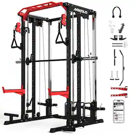 Mikolo - Smith Machine, 2000LBS Power Cage Squat Rack with Smith Bar, Two LAT Pull-Down Systems, Cable Crossover Machine - Red