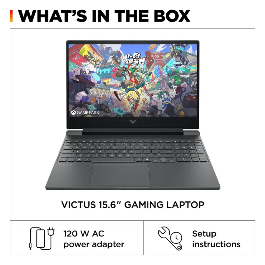 I WHAT'S IN THE BOX DE  I HI-FI  H I GAME PASS O - - . - d - - - - -  - - . . d - | - . d - - - 4 - . . - d . - . . . - I . . - - - - . - -. 1 - - - - . . 6 - - - - . . - . . - - - da A -  . -.- VICTUS 15.6" GAMING LAPTOP 120 W AC power adapter Setup instructions