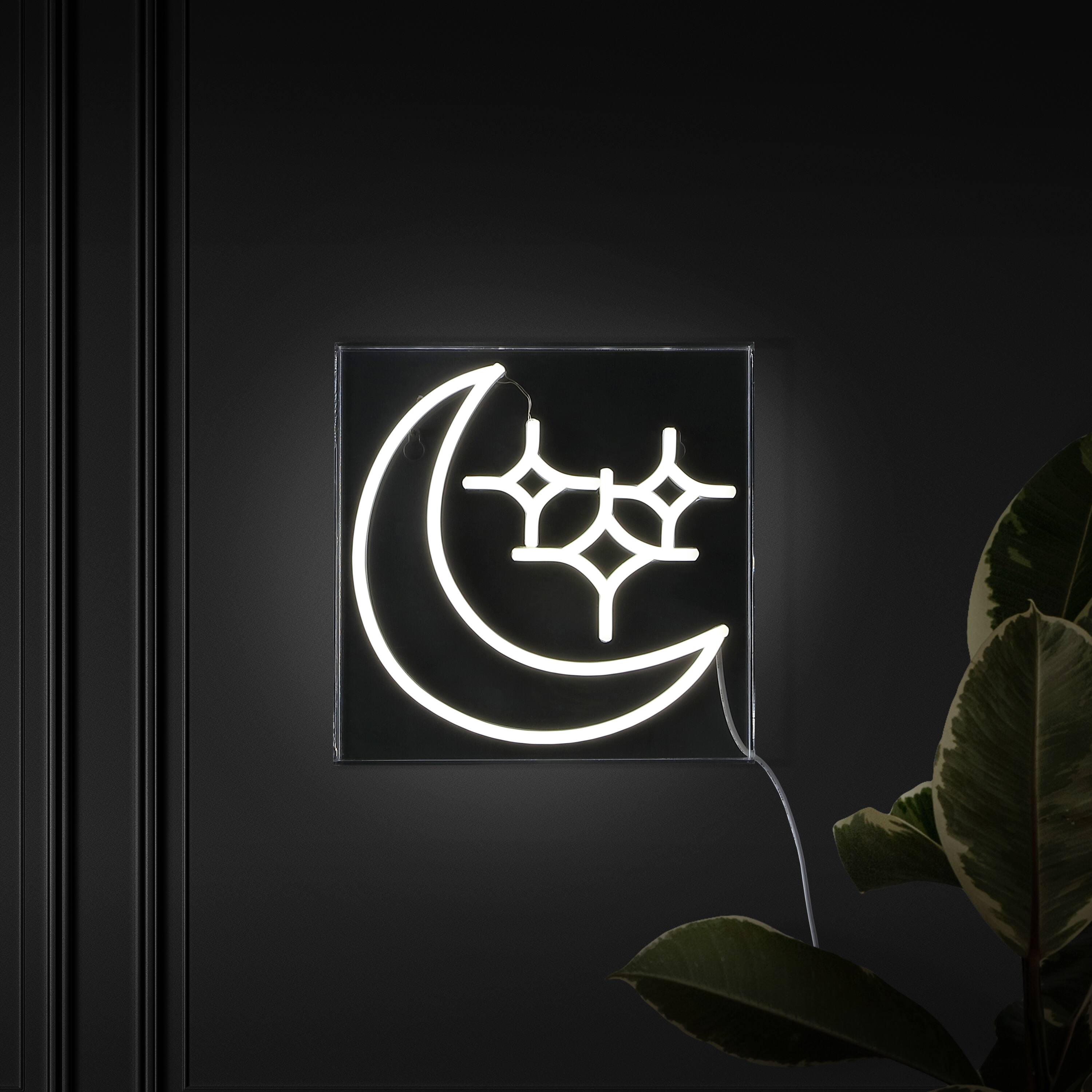 Alt View 4. Jonathan Y - Starry Crescent 10" Square Contemporary Glam Acrylic Box USB Operated LED Neon Light, White - White.