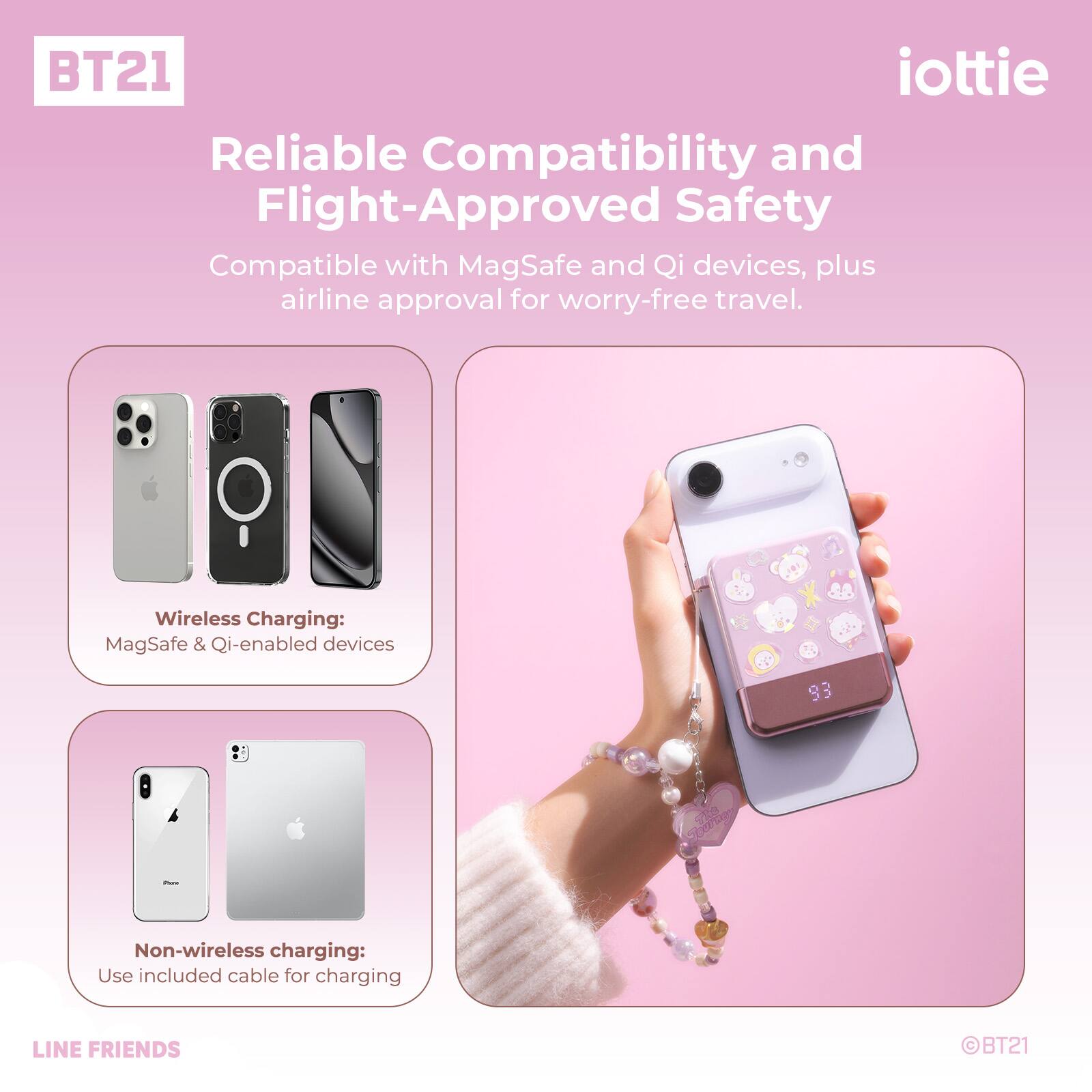 BT21 iottie Reliable Compatibility and Flight-Approved Safety Compatible with MagSafe and Qi devices, plus airline approval for worry-free travel. Wireless Charging: MagSafe & Qi-enabled devices Non-wireless charging: Use included cable for charging LINE FRIENDS BT21