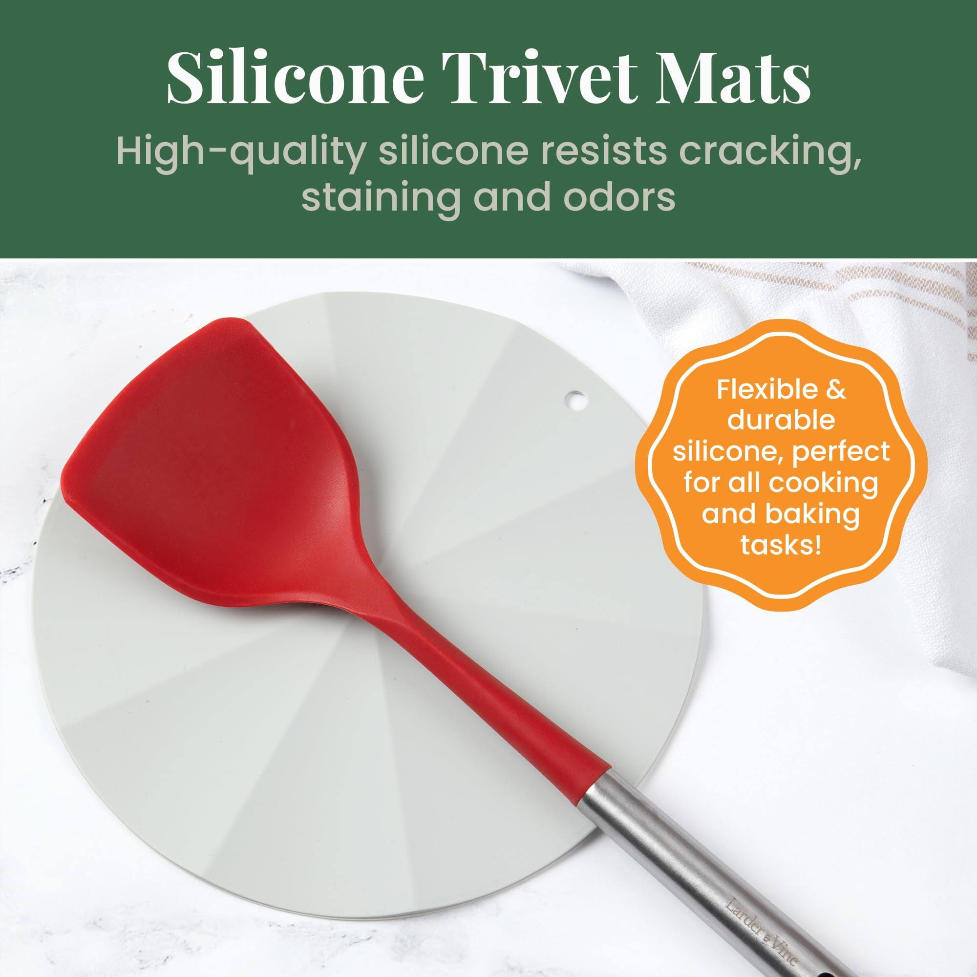 Silicone Trivet Mats

High-quality silicone resists cracking, staining and odors

Flexible & durable silicone, perfect for all cooking and baking tasks!