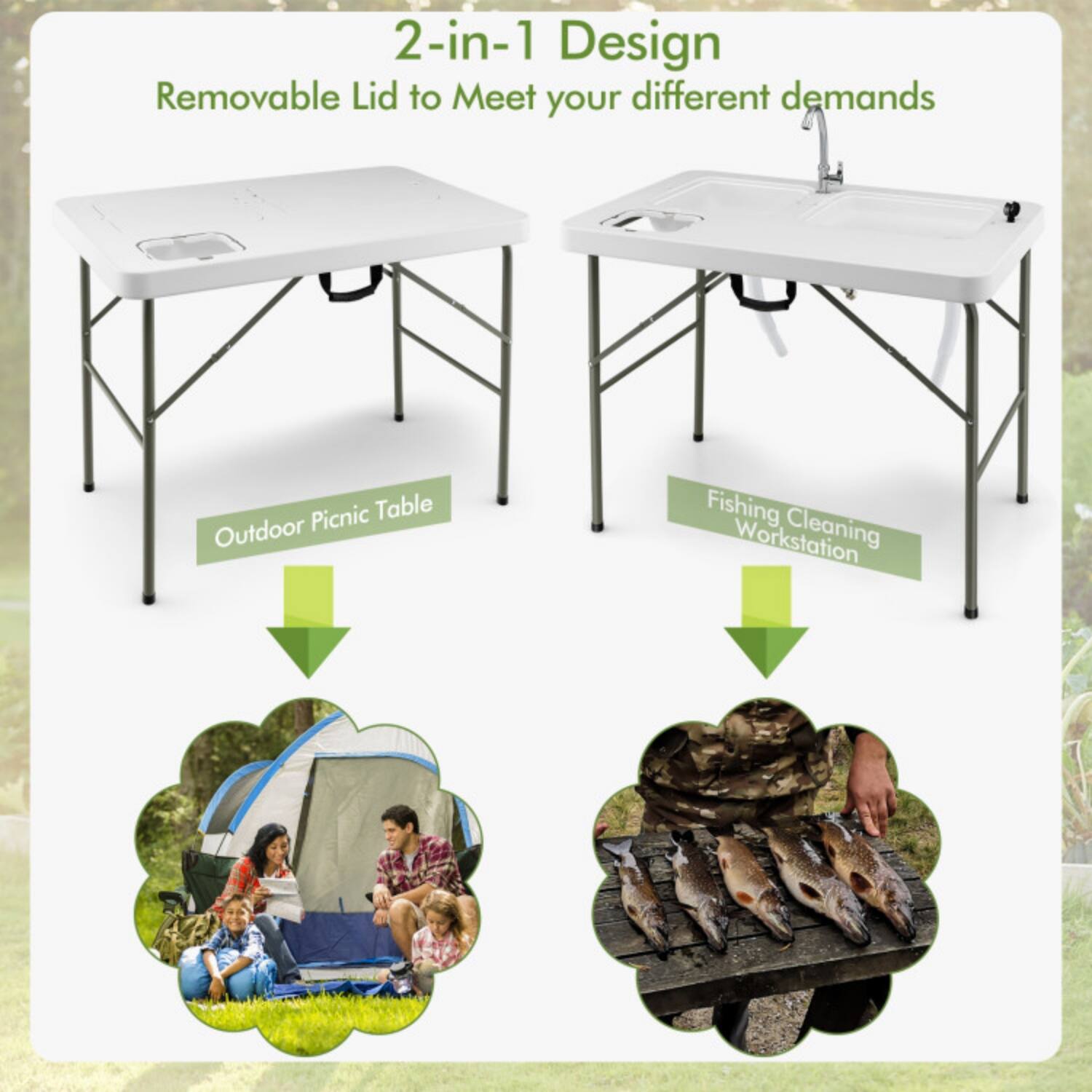 2-in-1 Design  
Removable Lid to Meet your different demands  

Outdoor Picnic Table  

Fishing Cleaning Workstation