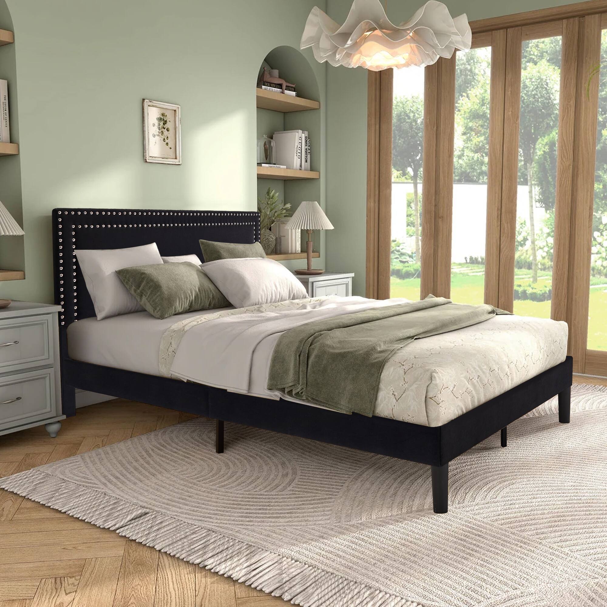 Alt View 5. Vecelo - Queen Size Platform Bed Frame with Adjustable Upholstered Headboard, Strong Wood Slat Support,No Box Spring Needed - Black.