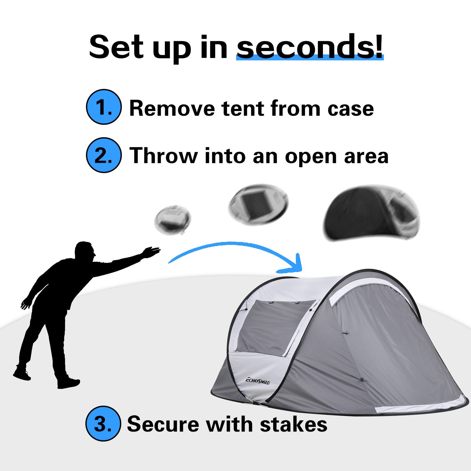Set up in seconds!

1. Remove tent from case  
2. Throw into an open area  
3. Secure with stakes