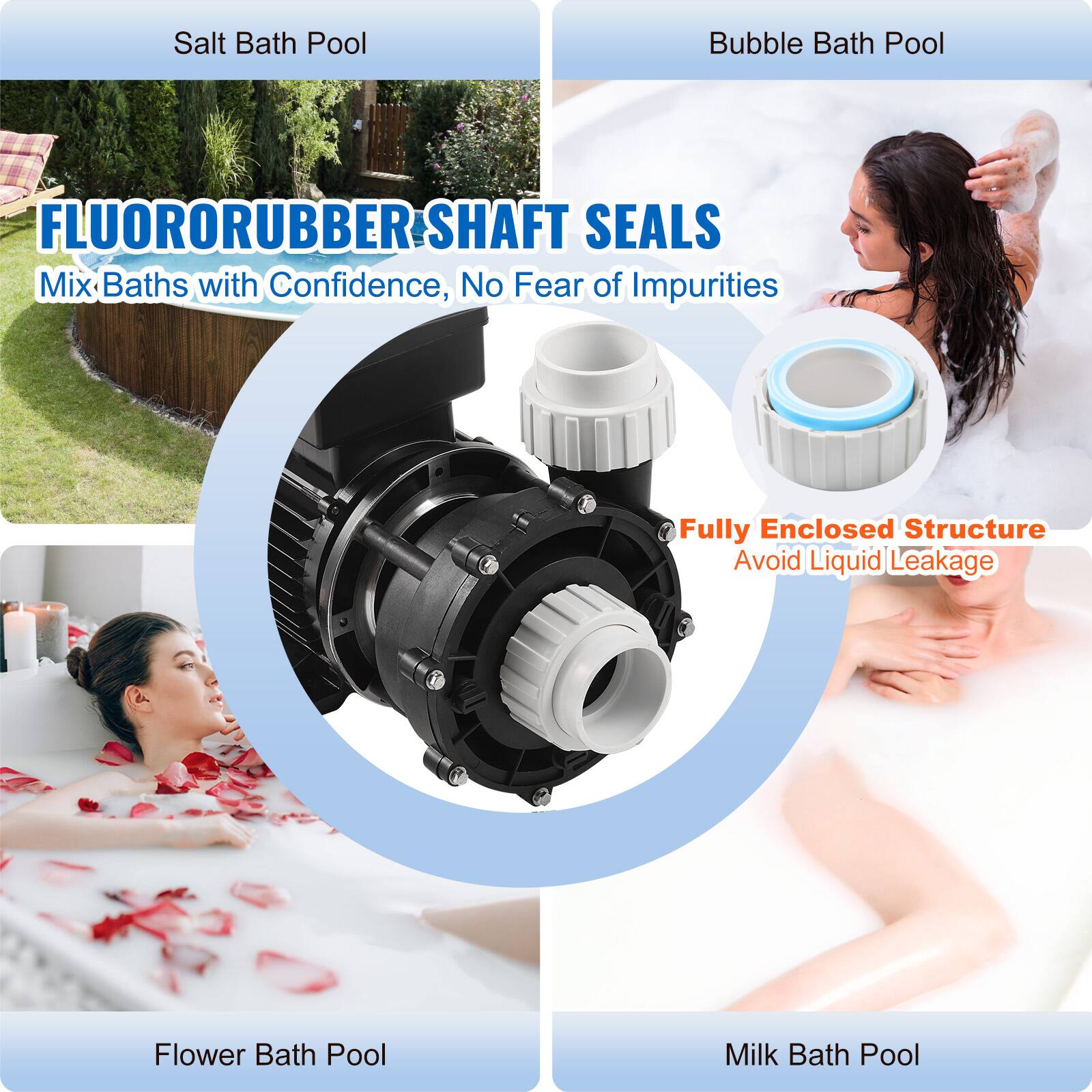 Salt Bath Pool  
Bubble Bath Pool  
FLUORORUBBER SHAFT SEALS  
Mix Baths with Confidence, No Fear of Impurities  
Fully Enclosed Structure  
Avoid Liquid Leakage  
Flower Bath Pool  
Milk Bath Pool