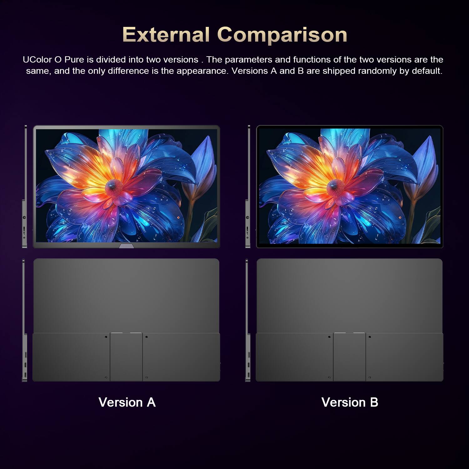 External Comparison

UColor O Pure is divided into two versions. The parameters and functions of the two versions are the same, and the only difference is the appearance. Versions A and B are shipped randomly by default.

Version A

Version B