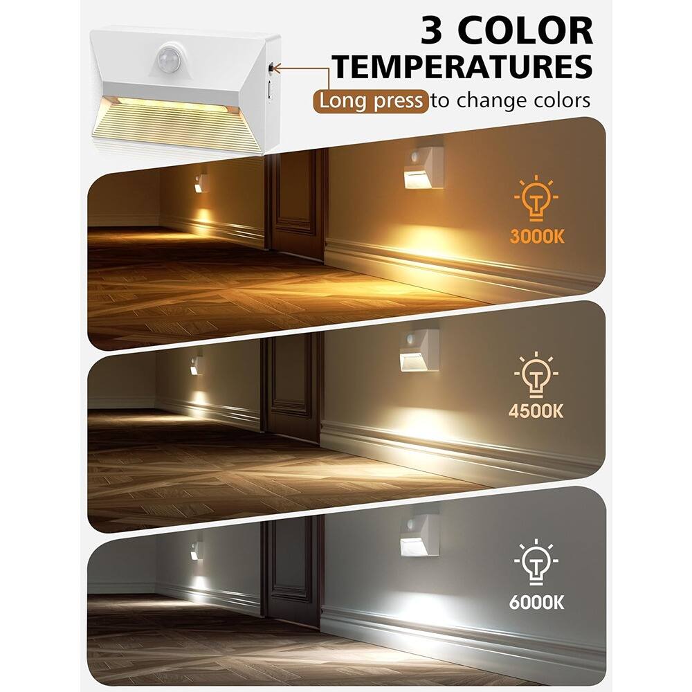 3 COLOR TEMPERATURES  
Long press to change colors  

3000K  
4500K  
6000K