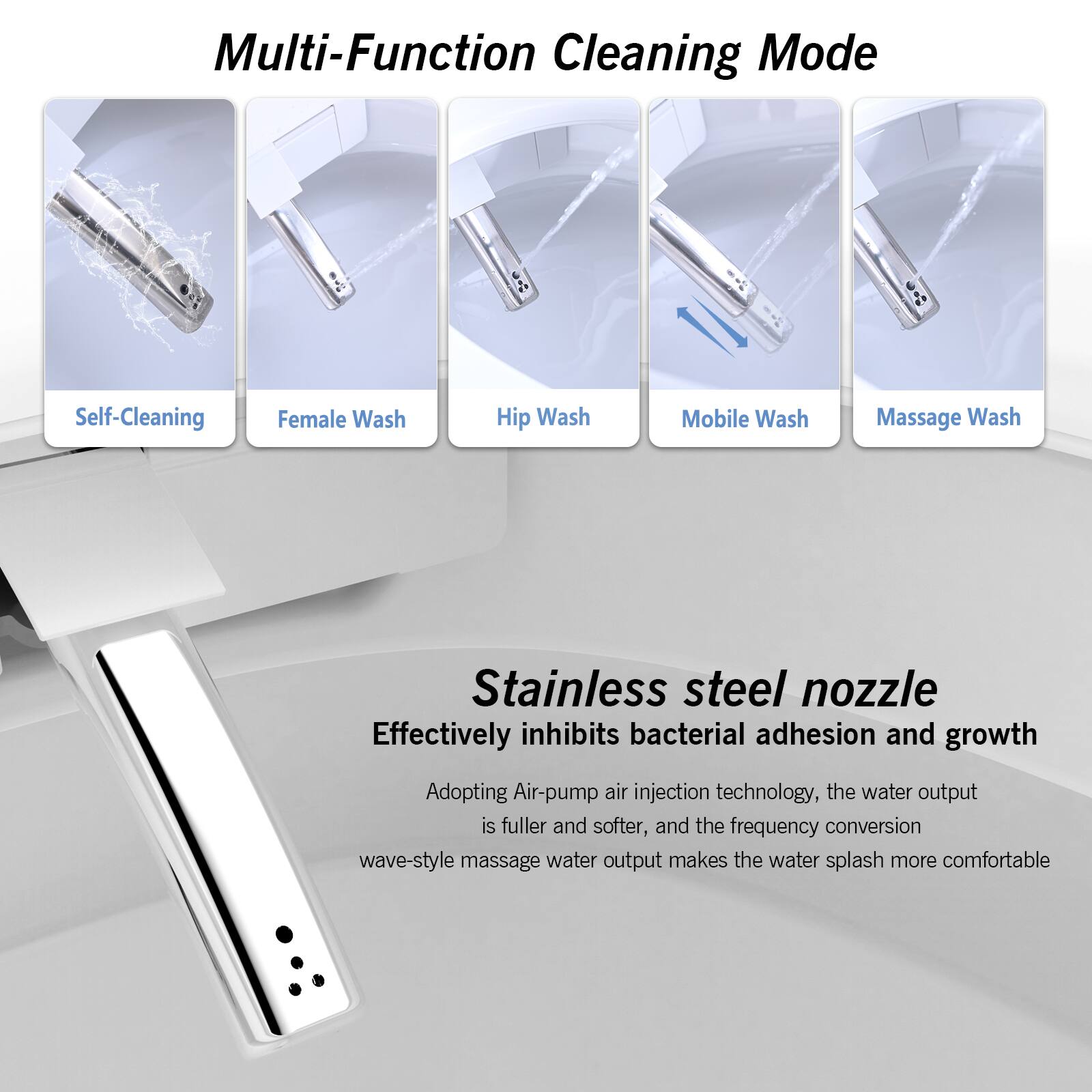 Multi-Function Cleaning Mode

- Self-Cleaning
- Female Wash
- Hip Wash
- Mobile Wash
- Massage Wash

Stainless steel nozzle
Effectively inhibits bacterial adhesion and growth

Adopting Air-pump air injection technology, the water output is fuller and softer, and the frequency conversion wave-style massage water output makes the water splash more comfortable