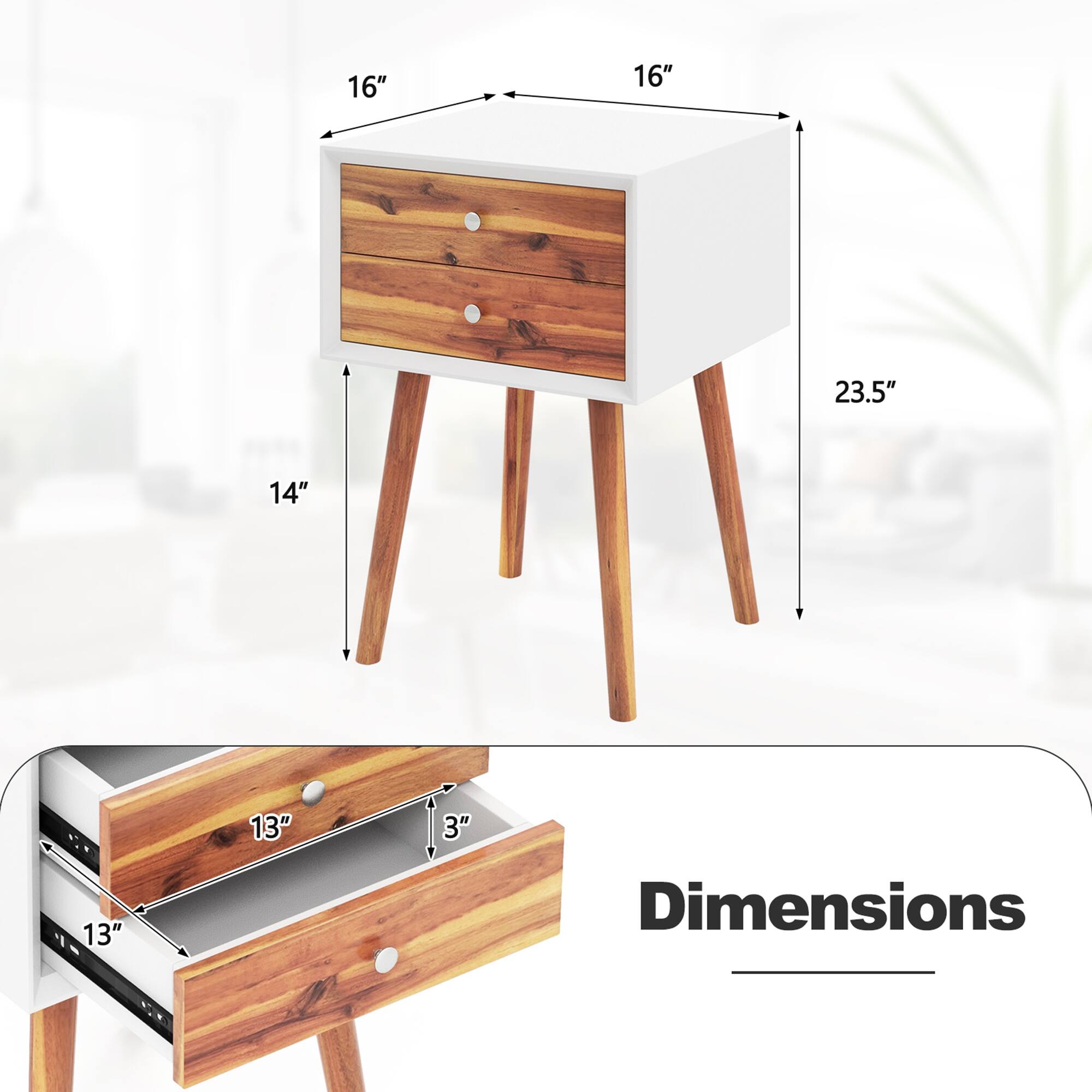 The dimensions of the table are:

- Width: 16"
- Depth: 16"
- Height: 23.5"
- Drawer Height: 3"
- Drawer Width: 13"
- Drawer Depth: 13"
