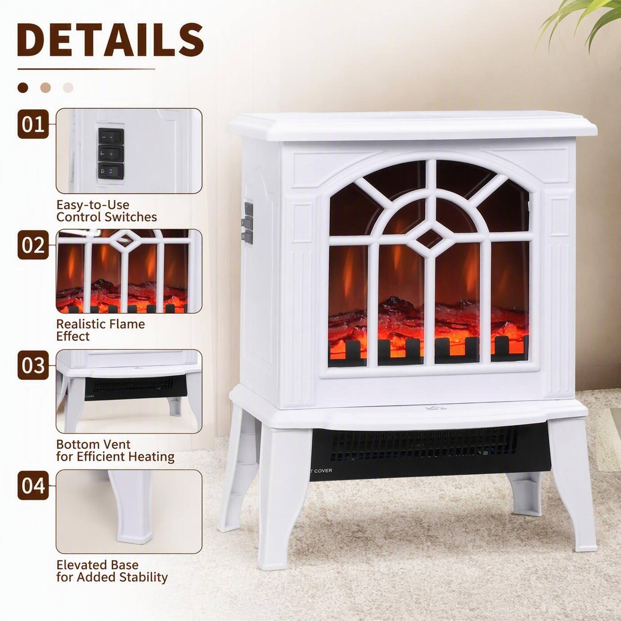DETAILS
01
Easy-to-Use Control Switches
02
Realistic Flame Effect
03
Bottom Vent for Efficient Heating
04
Elevated Base for Added Stability