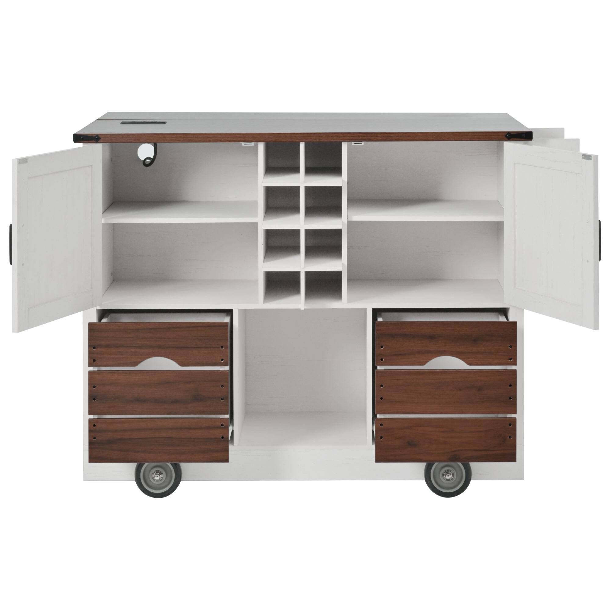Alt View 2. Forest'nSky - Kitchen Island on 4 Large Wheels, 54" Farmhouse Style with Drop Leaf, Power Outlet, 2 Doors, White - White.